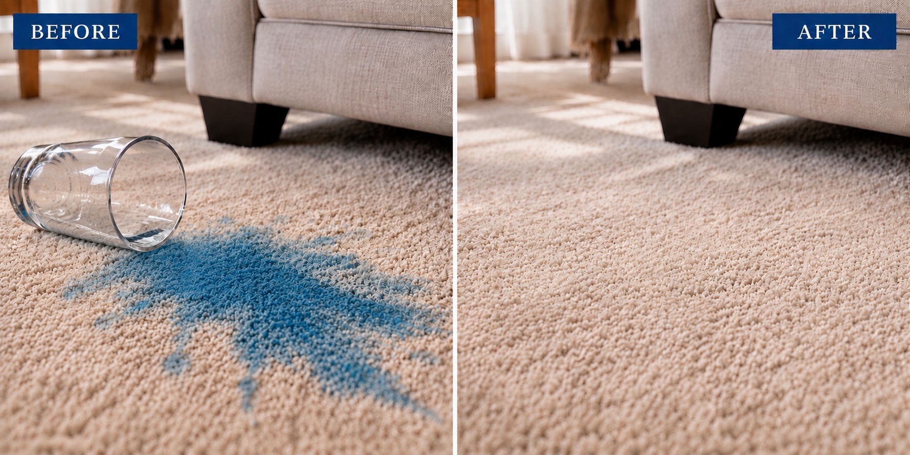Split before-and-after view of a blue surface stain absorbed into cream carpet beside the cleaned carpet